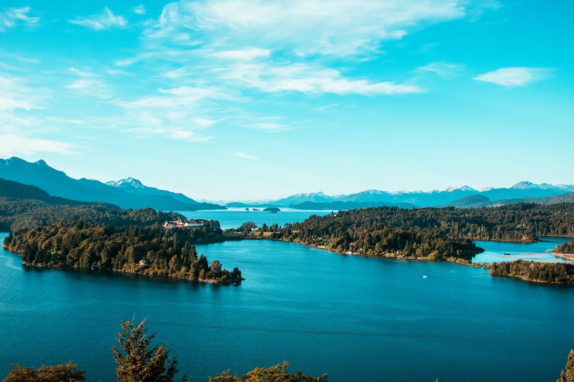 Turquoise lakes and forested islands near Bariloche