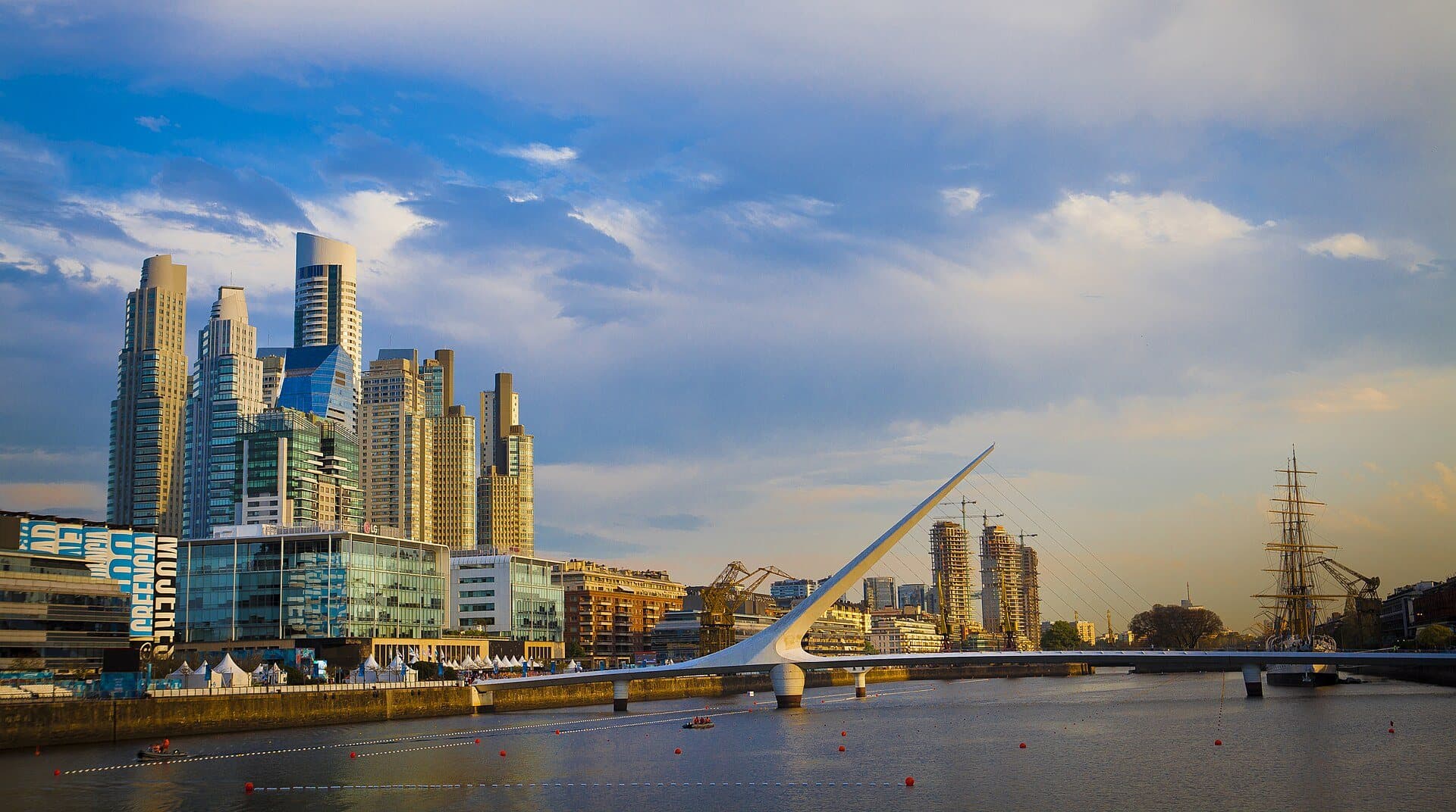 Puerto Madero and the Puente de la Mujer at golden hour