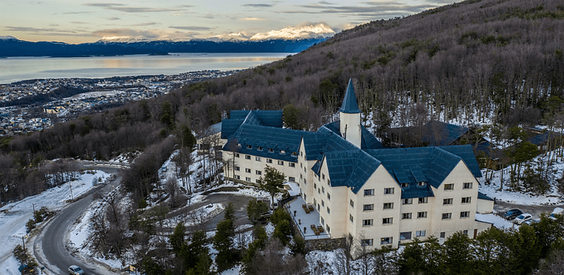 Las Hayas Ushuaia Resort above the town and channel