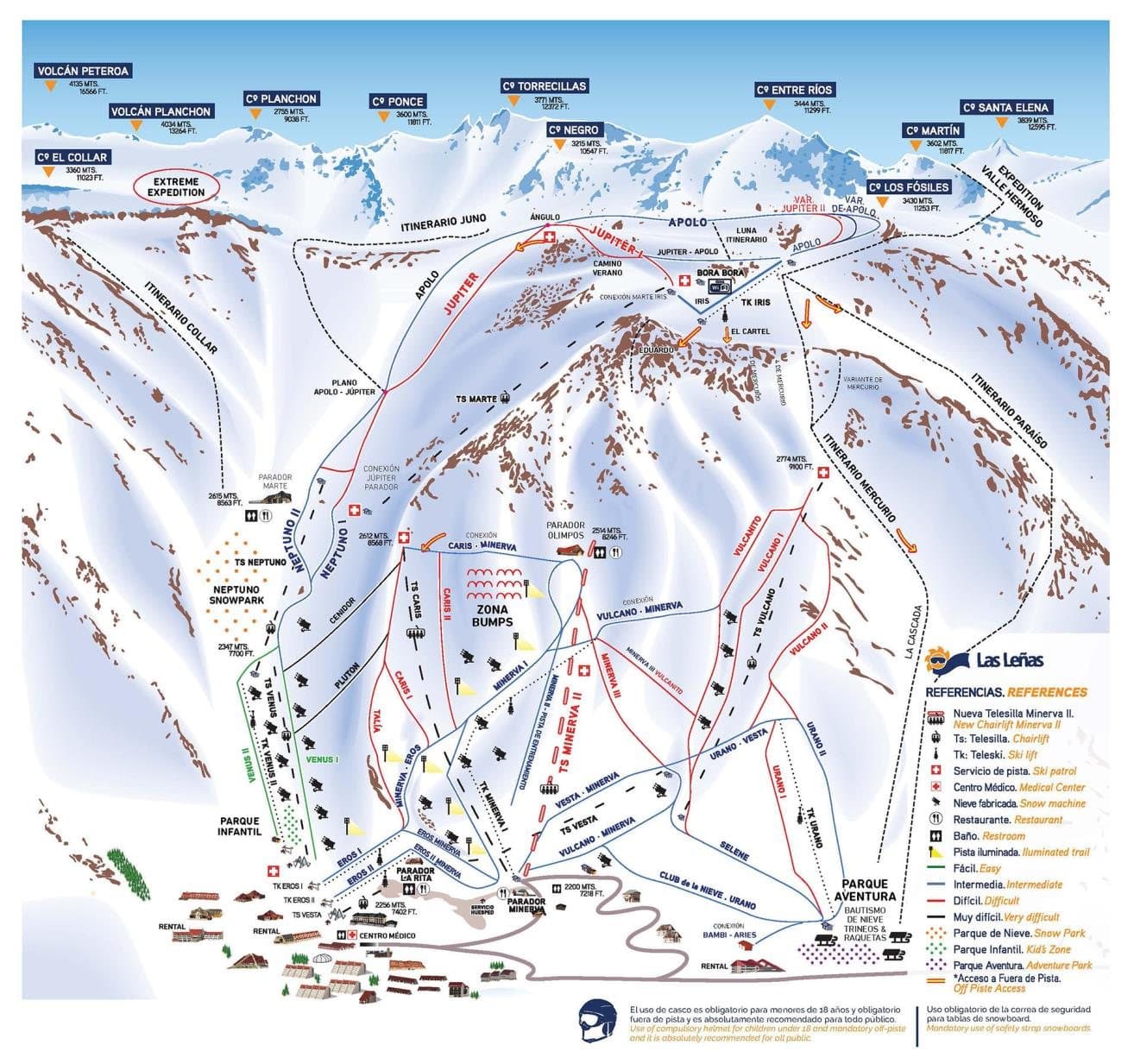 Official Las Leñas trail map showing lifts, runs and off-piste itineraries
