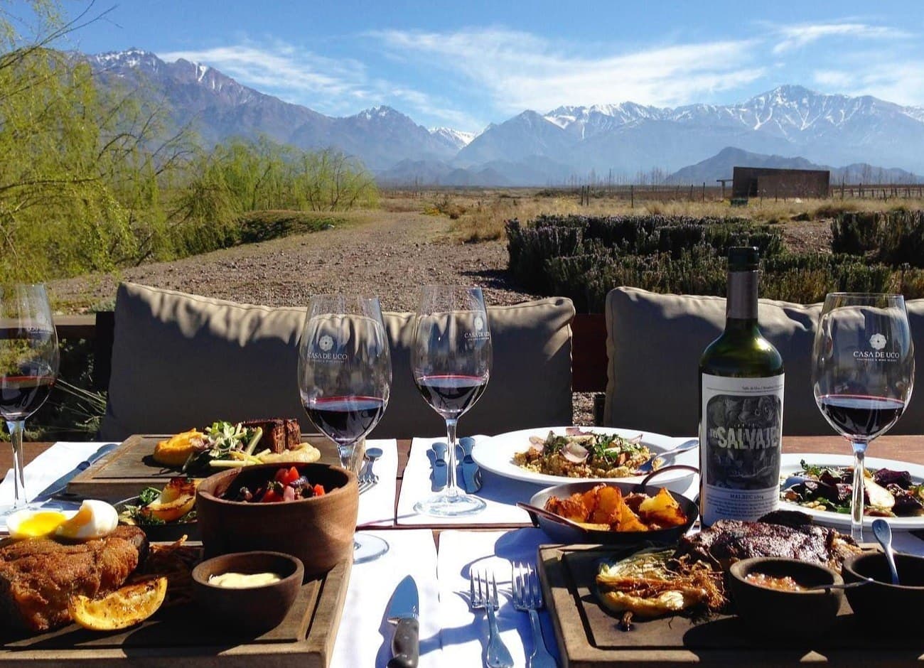 Glasses of Malbec on a lunch table with the snow-capped Andes behind