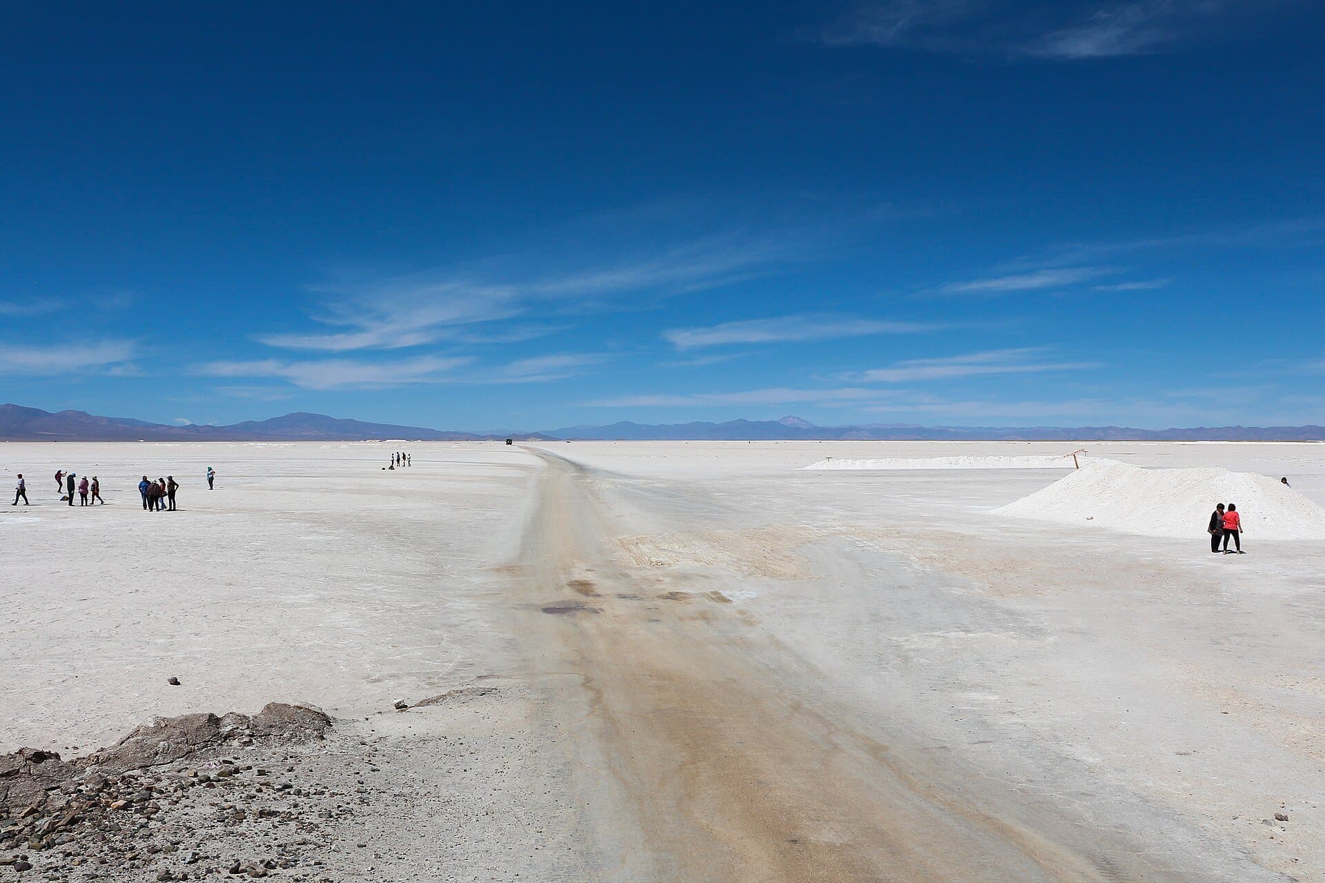 A track across the white Salinas Grandes salt flats