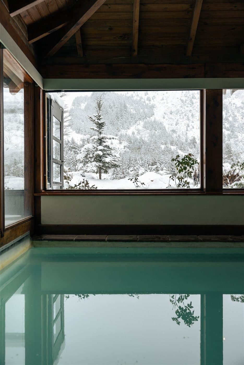 An indoor pool looking out on snowy forest