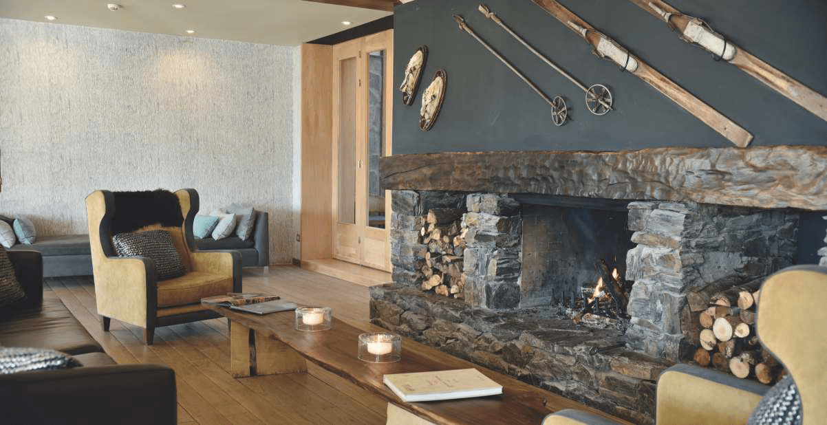 Stone fireplace in the Las Hayas lounge